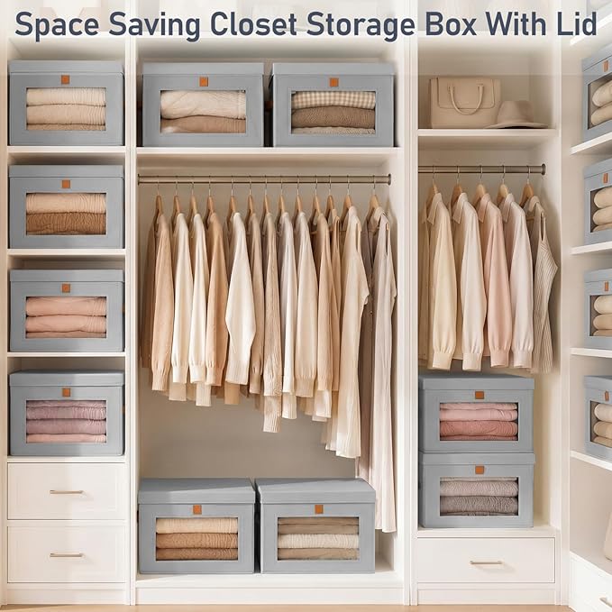 DIMJ Storage Bins with Lids - 6 Pack Front Opening Stackable Fabric Storage Boxes with Clear Window & Handles, Collapsible Closet Organizers for Clothes, Sweaters, Shelf Storage, Bedroom, Gray