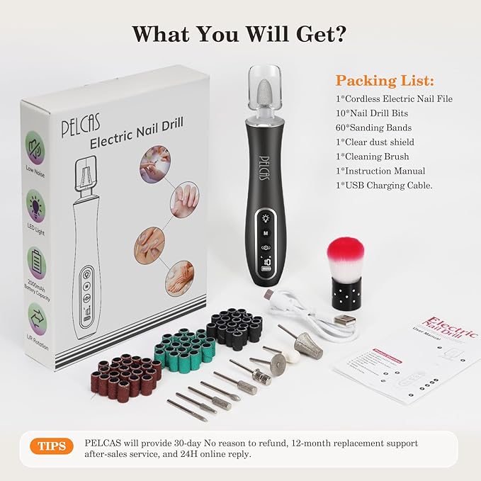 PELCAS Electric Nail Drills, Professional Cordless Nail File Kit with Light, 10 Speeds Manicure & Pedicure Kit for Human, Pet, Thick Toenails, Natural & Acrylic Nails Grey
