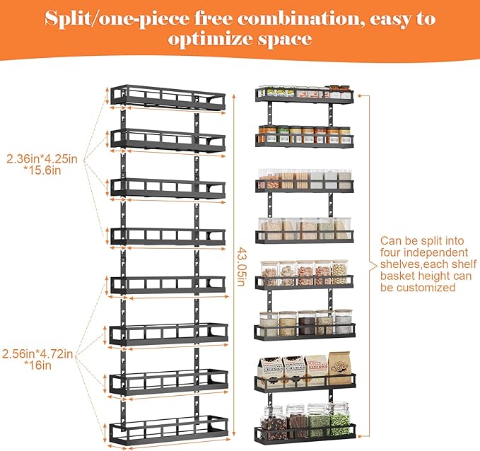 X-cosrack 8-Tier Adjustable Spice Rack – Wall-Mounted Space-Saving Organizer with Mixed Baskets, Large-Capacity Seasoning Holder for Kitchen & Pantry (Black)