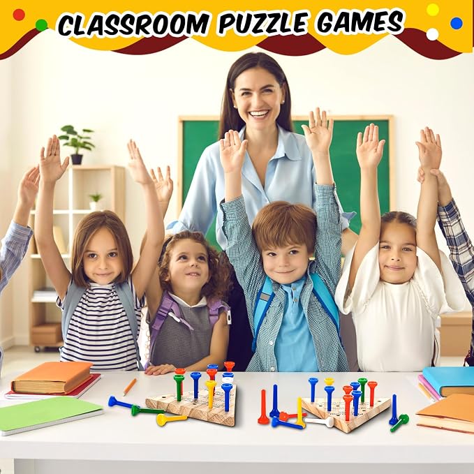 Zhanmai 3 Sets Wooden Triangle Peg Travel Game, Multi-Color Peg
