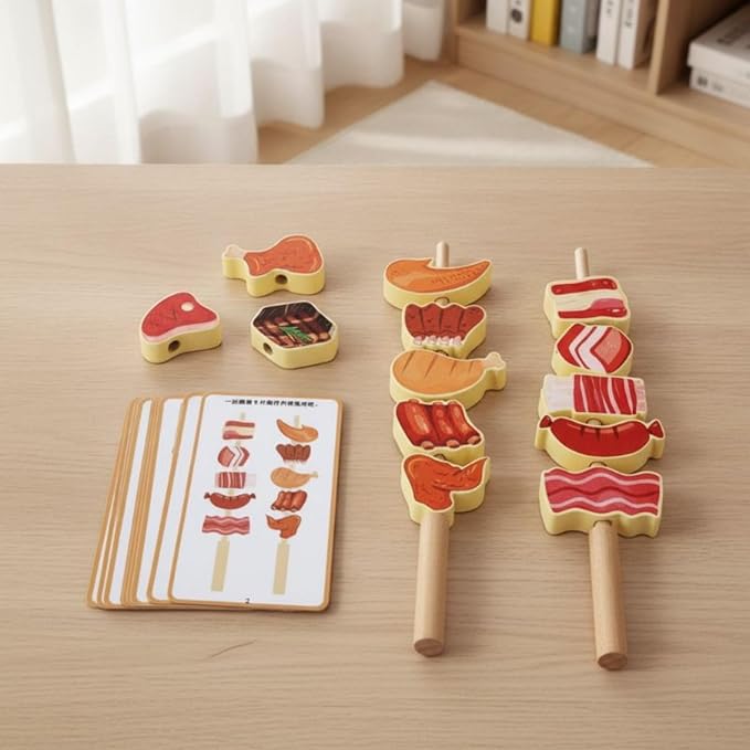 Children Cognitive Game Fruit Lacing Beads Threading Toy Stacking Blocks Matching Cards Wooden Educational Set for Counting Practice and Shape Sorting, Seafood Skewers