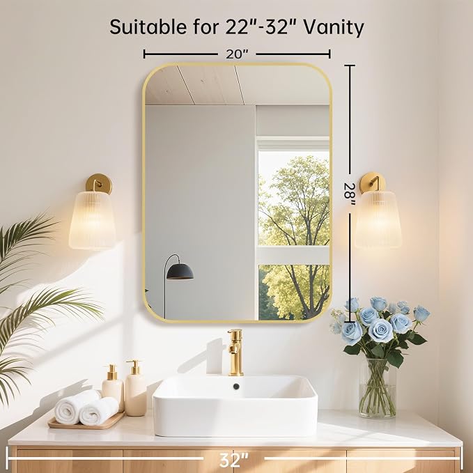 20x28 Inch Gold Bathroom Mirror, Brushed Brass Gold Metal Framed Rectangular