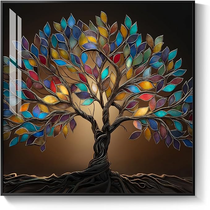 Framed Square Tree of Life Wall Art, Modern Contemporary Tree Painting Prints