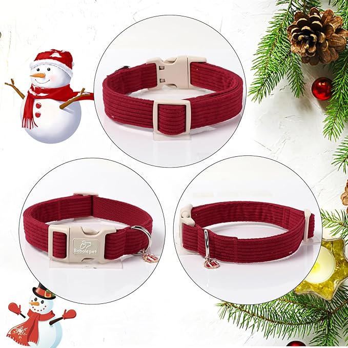 Cute Corduroy Dog Collar - Burgundy Adjustable Dog Collars for Small Dogs 10-25lbs, Fade-Proof with Secure Snap & Little Charm, Christmas Birthday Gift, S