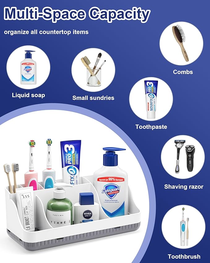 Bathroom Counter Organizer and Storage, 7 Slots Detachable Toothbrush Holders for Bathrooms, Anti-Slip Electric Toothbrush and Toothpaste Holder Countertop Vanity Organizer Accessories for Adults Kids