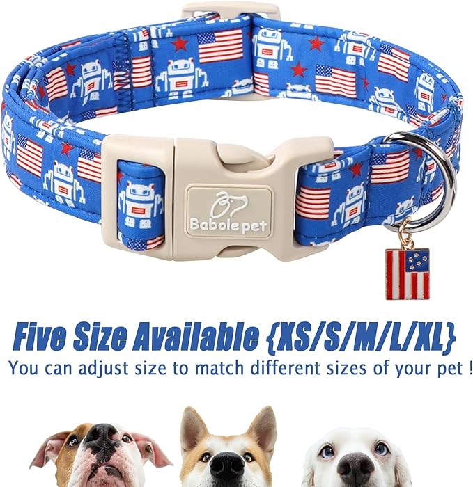 4th of July Dog Collar, Robot Star-Spangled Patriotic Dog Collars for Large Dogs, Adjustable Lightweight Quick-Release Buckle Collar for Boy&Girl Dogs L