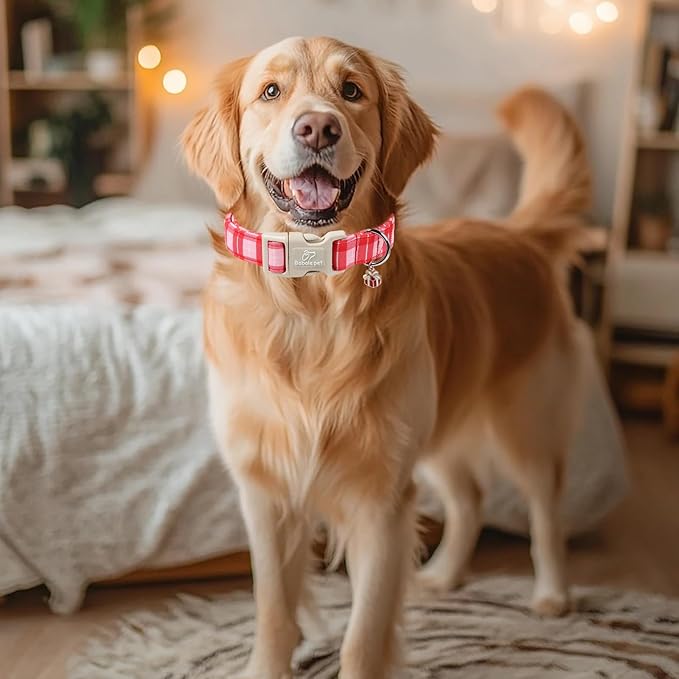 Plaid Dog Collar - Cute Red and Pink Plaid Puppy Collar with Safety Buckle, Soft Adjustable Holiday Dog Collars for Small Medium Large Dogs XS