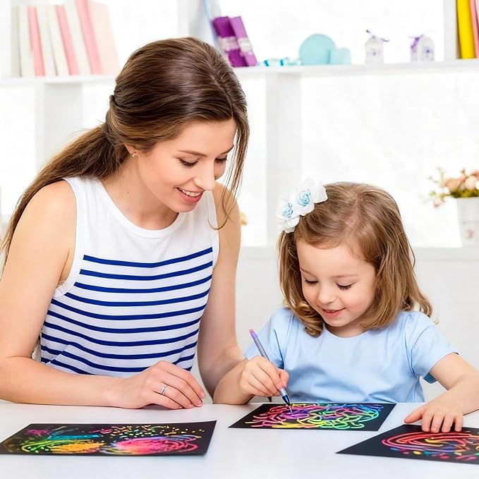 Cityrosy 100 Pcs Scratch Art Paper Rainbow Sets Arts and Crafts for Kids | Classroom Supplies Black Magic Scratch Off Craft Set Kits for Age 3-12 Party Games Birthday Gifts Easter Basket Stuffers