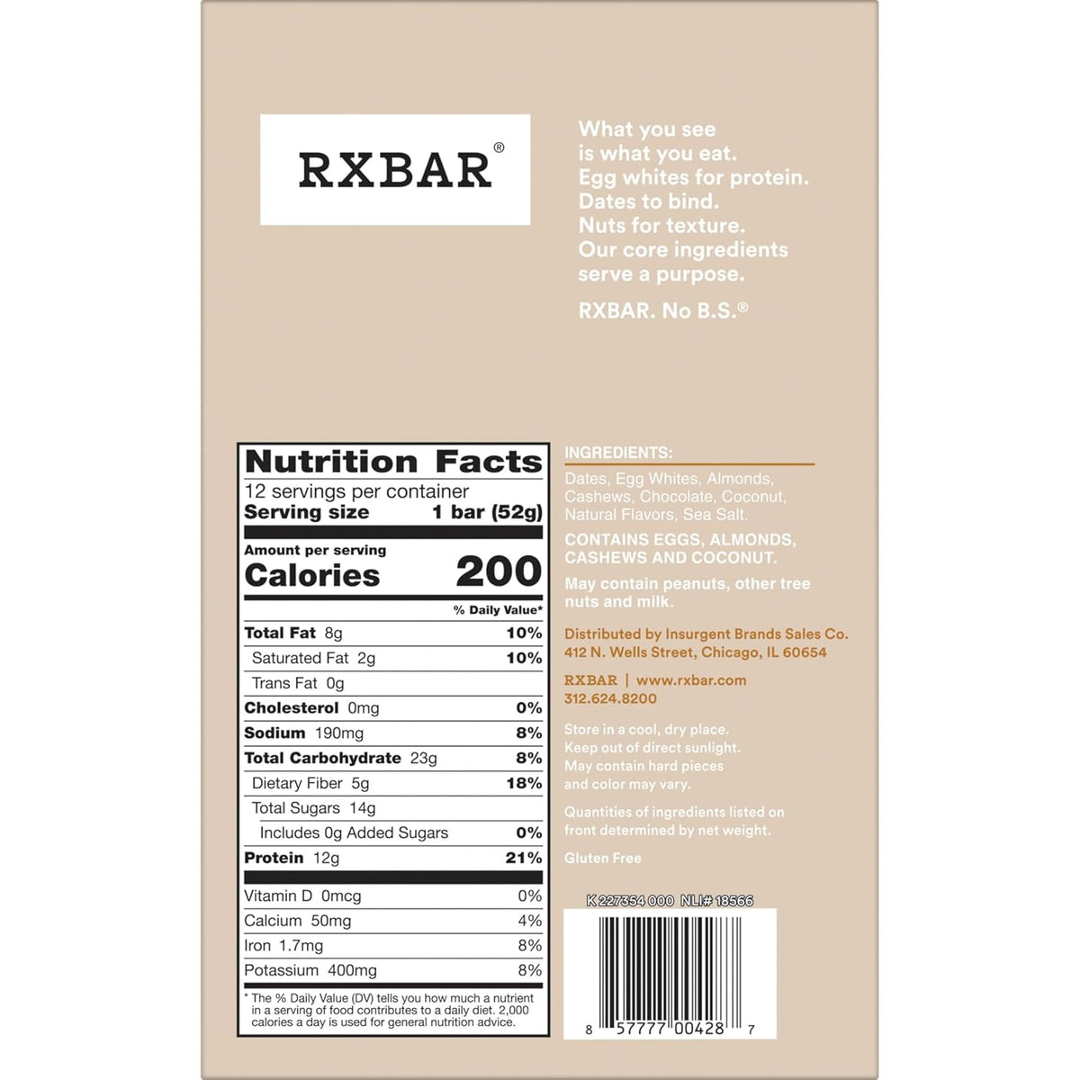 RXBAR Protein Bars, Protein Snack, Snack Bars, Coconut Chocolate, 22oz Box (12 Count)