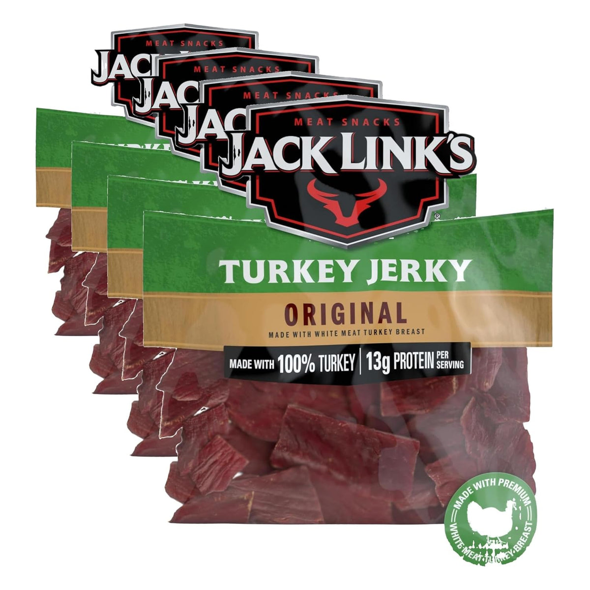 Jack Link's Turkey Jerky, Original, Jerky Bag - Flavorful Snack, Ready to Eat Protein Snacks with 13g of Protein per Serving, Made with 100% Turkey, Keto Friendly - 5 Oz.