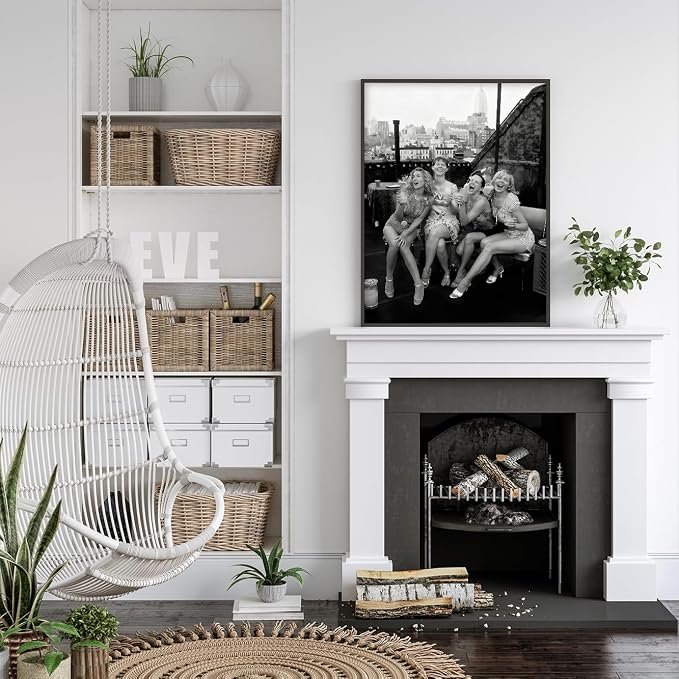 Retro Black And White Woman Black Framed Wall Art Fashion Rooftop Party Posters