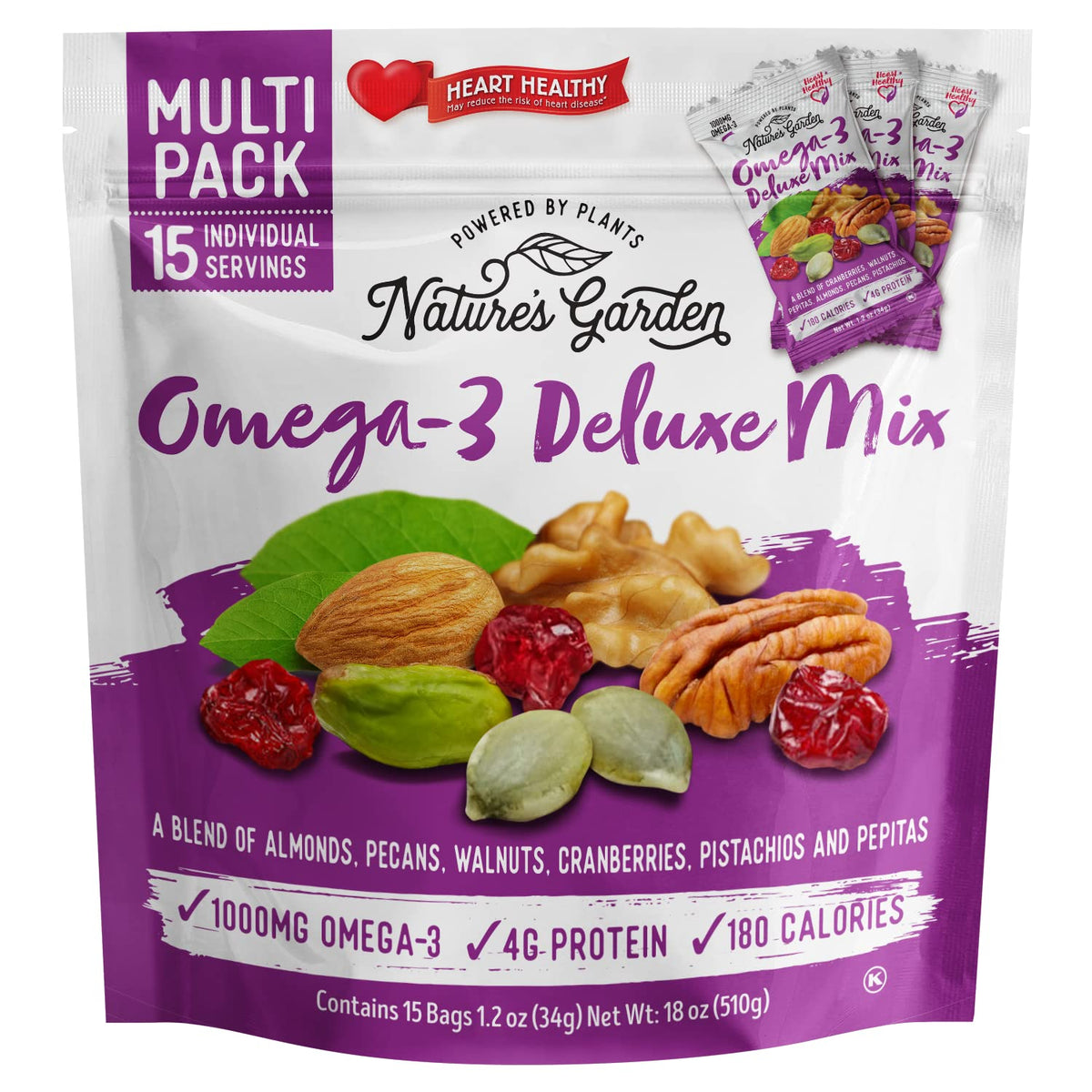 Nature's Garden High Energy Mix, Deluxe Mixed Nuts, Energy Boost, High Energy Trail Mix, Cranberries, Raisins, Almonds, Walnuts, Cholesterol Free, Sodium Free, No Artificial Ingredients – 1.2 Oz Bags (15 Individual Servings)