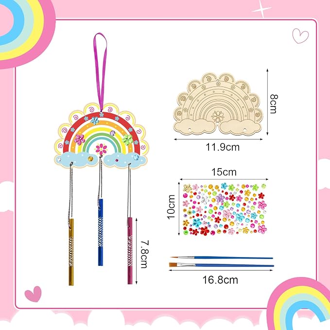 Fennoral 10 Rainbow Wind Chime Craft Kits for Kids Make Your Own Wind Chime Ornament DIY Coloring Wooden Art and Craft for Classroom Art Projects Spring Summer Birthday Decorations