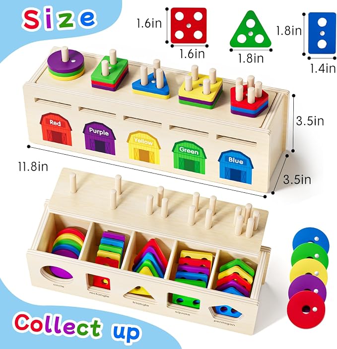 Montessori 4 in 1 Wooden Sorting Shape Sorter and Stacking Toy Box Color Matching Counting Fishing Game Preschool Educational Toys for 3 Years Boys and Girls Gifts
