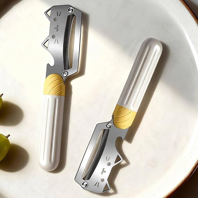 Multifunctional Vegetable Peeler, 2 in 1 Stainless Steel Peeler, Ultra-Sharp Stainless Steel Blade with Wooden Handle and Bottle Opener for Vegetables or Fruits, Kitchen Tool (Cute*2)