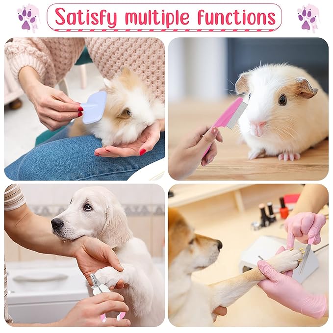 Rabbit and Small Pet Grooming Kit - Slicker Brush, Massage Glove, Nail Clipper, Flea Comb, Double-Sided Brush for Rabbits, Guinea Pigs, Hamsters (Pink)