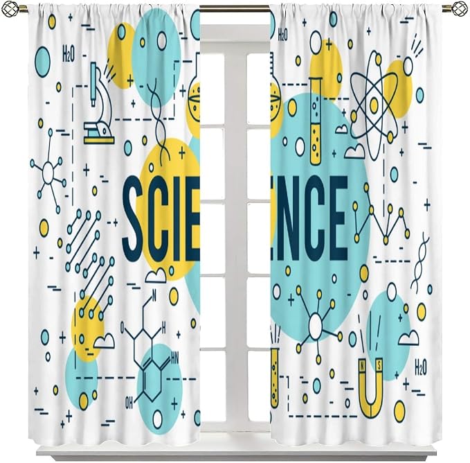 Science Window Curtains, Chemistry Chemical Science Pharmacy Research Room Darkening Door Window Rod Pocket Curtain for Girls Boys Kids Bedroom Study Room Classroom Set 2 Panels,42x45 Inches, Style-5
