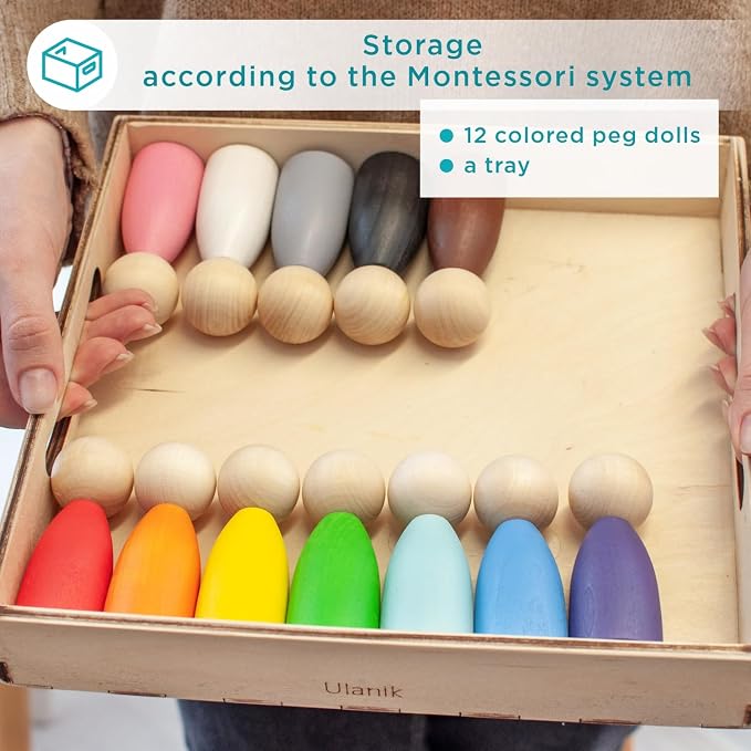 Ulanik Large Peg Dolls for Sorting Toddlers Montessori Toys for 1+ Year Old Baby Dolls Wooden Games for Learning Color Sorting & Counting — 12 Gnomes