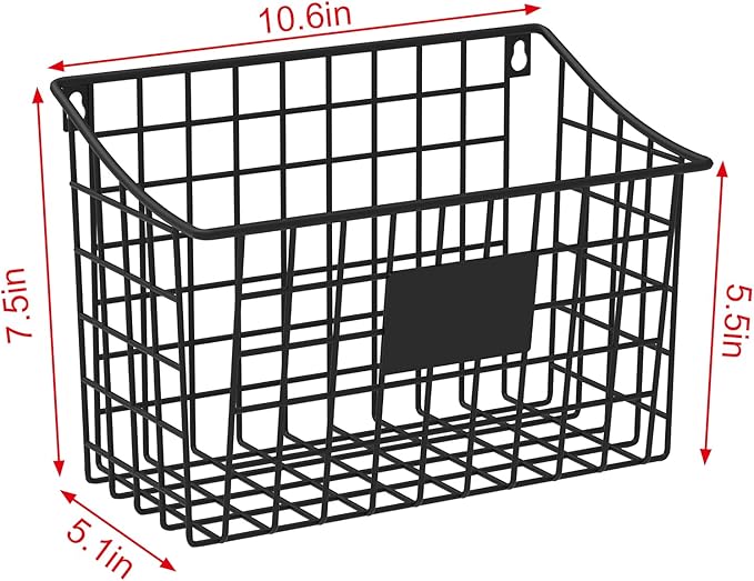 Wall Mounted Bin Basket with 5 Hooks 3 Label Plate Adhesive-3 Pack, Cabinet Hanging Metal Wire Basket,Rustic Farmhouse Decor, Storage Organization Shelf for Pantry Kitchen Bathroom 10.6*7.5*5.1inch