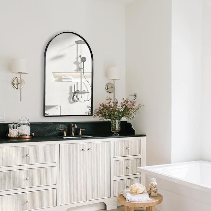 30" x 48" Black Arched Mirror, Arch Wall Mirror, Metal Frame Black Bathroom