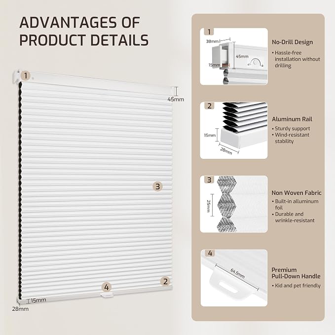 Grandekor No Drill No Tools Cordless Cellular Shades, UV Protection Privacy No