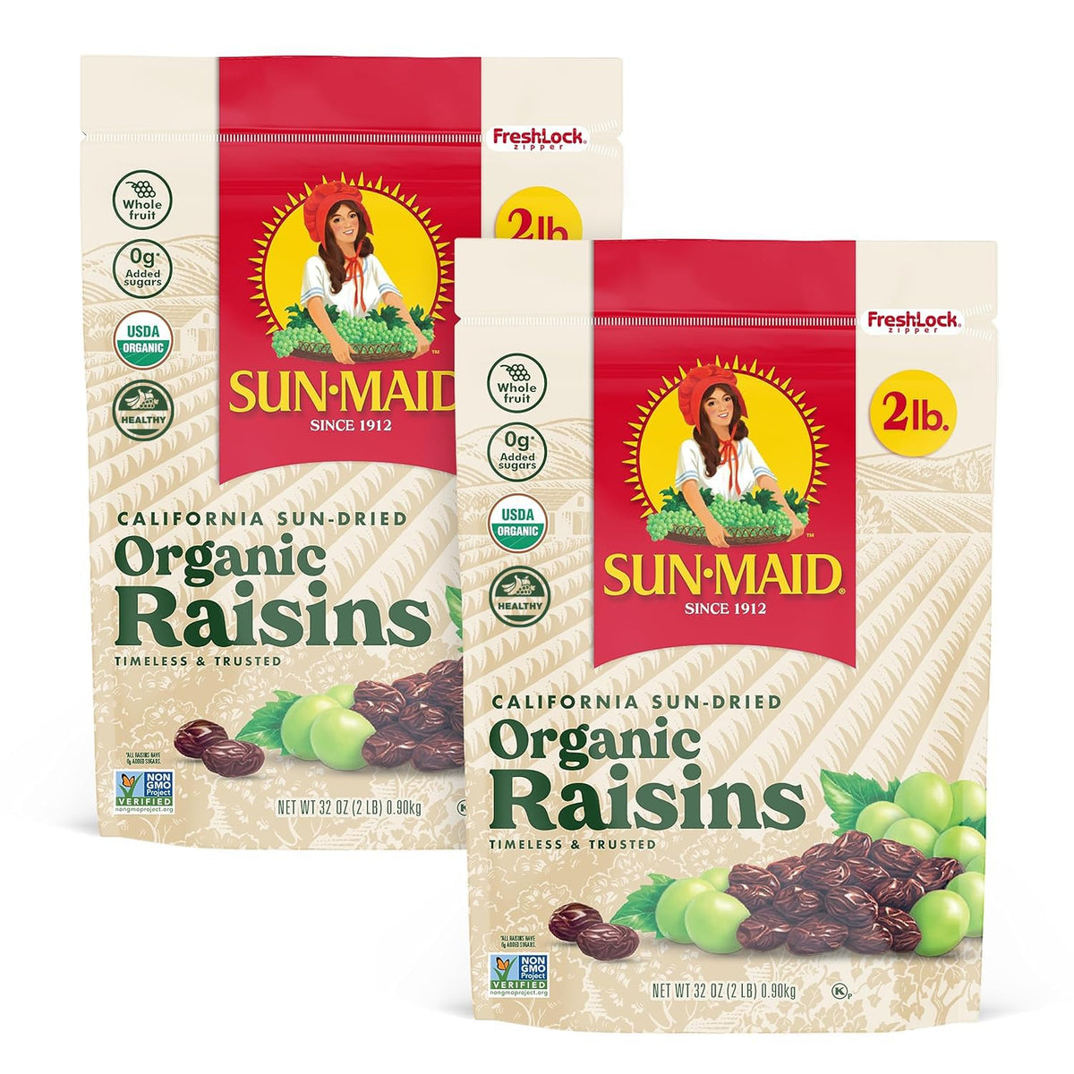 Sun-Maid Organic California Sun-Dried Raisins - 32 oz Resealable Bag - Organic Dried Fruit Snack for Lunches, Snacks, and Natural Sweeteners