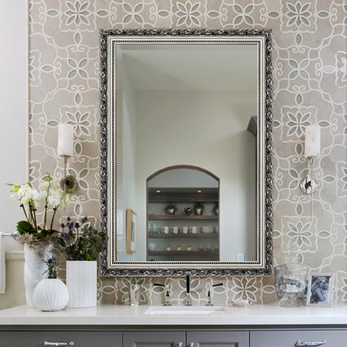 HA Bathroom Mirrors 40x24 Inch for Wall, Rectangle Silver Frame Wall Mounted