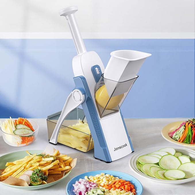 Safe Mandoline Slicer for Kitchen, Adjustable Thickness 0.1-8 mm, 5 in 1 Multi Vegetable Chopper, Potato Slicer, Food Chopper French Fry Cutte, with Paring Knife/Cleaning Brush, Mandolin (Haze Blue)