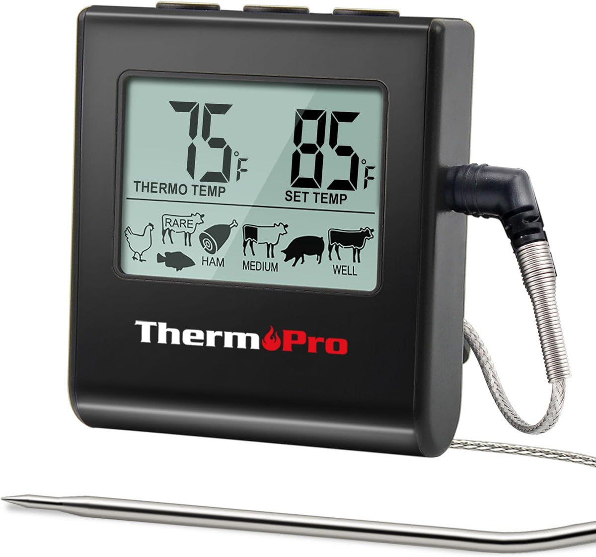 ThermoPro TP16 Large LCD Digital Cooking Food Meat Thermometer for Smoker Oven Kitchen BBQ Grill Thermometer Clock Timer with Stainless Steel Temperature Probe