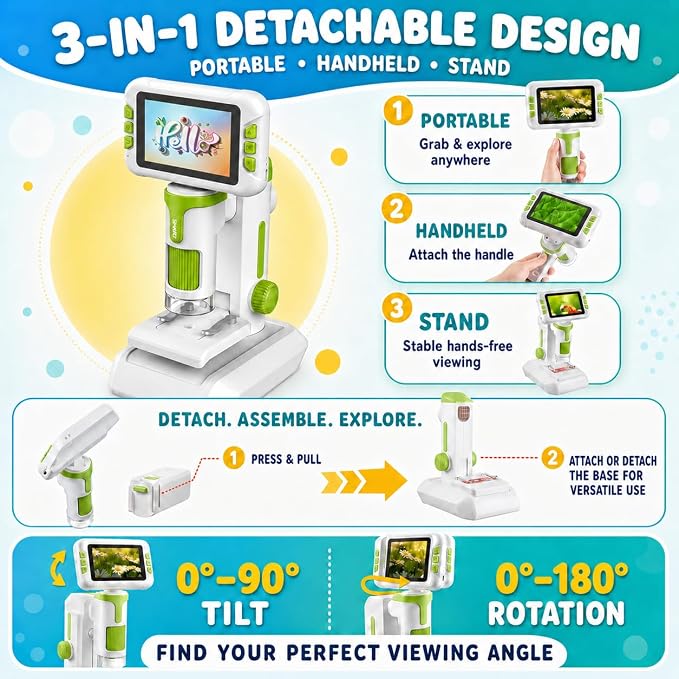 1600X Microscope for Kids, 4K 4.0" Digital Screen Kids Microscopes with Slides Kit, Handheld Microscope, Science Kits for Kids, STEM Toys for Christmas Birthday Gifts for 3-14 Girls Boys Child (Green)