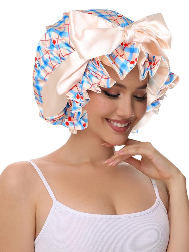 Cute Adjustable Silk Bonnet for Sleeping Double Layer Satin Cap Hair Sleep Bonnet for Curly Hair Cherry Blue