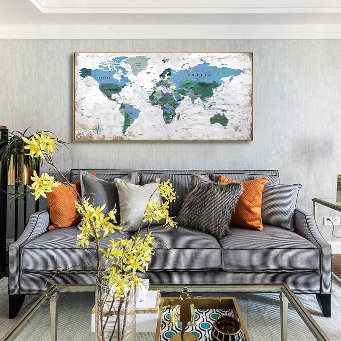 Framed Wall Art World Map Wall Art Canvas Picture 30inchx60inch Large Blue Map
