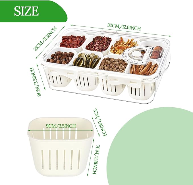 shopwithgreen Divided Serving Tray with Lid, Portable Snack Box Charcuterie Veggie Tray with Lid, Food Storage Organizer with 8 Colandersfor Fruit, Vegetable, Refrigerator, Kitchen, Party, Picnic