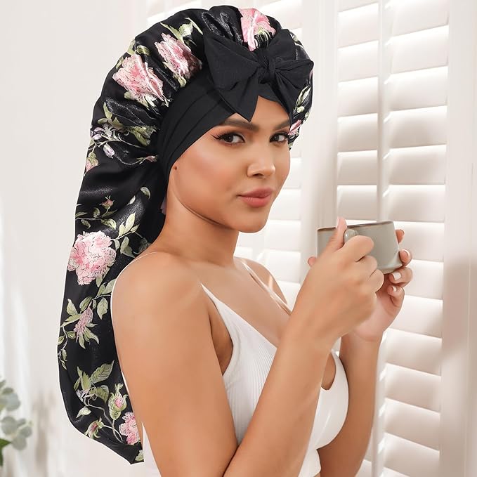 AWAYTR Long Satin Bonnet for Braids - Elastic Silk Hair Bonnets for Sleeping Night Cap Stretchy Tie Band for Women(Wild Rose)