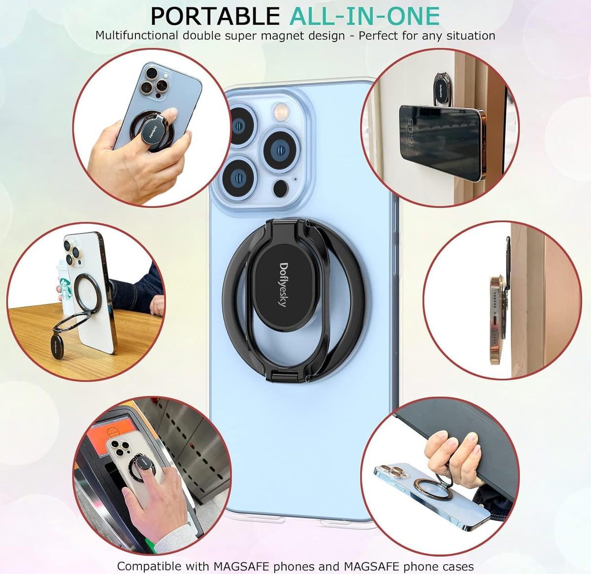 Magnetic Phone Ring Holder with Magsafe, Double Adjustable Gym Finger Ring Grip, Removable Phone Grip, for iPhone, iPad and Smartphones, Compatible with Magnetic Car Mount (Colorful)