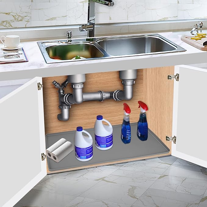 Under Sink Mat for Kitchen Waterproof, 25" x 19" Silicone Under Sink Liner Kitchen & Bathroom Cabinet Protector Mats, Heavy Duty Flexible Under Sink Drip Tray with Lip, Cool Grey