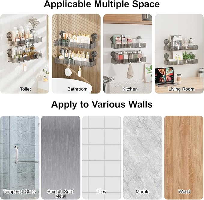 Adhesive Shower Caddy Suction Cup Shower Shelves for Inside Shower No Drilling Bathroom Organizers and Storage Wall Shelf Rack Clear(black,square