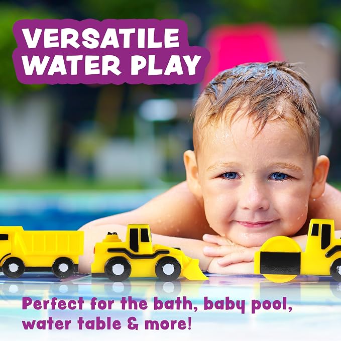Tub Works® Construction™ Trucks Mold Free Bath Toys, 6 Pack | Sealed, No Hole Bath Toys Design Keeps Moisture Out | Soft, Squeezable & Float on Water | Baby & Toddler Bathtub Toys | Baby Pool Play