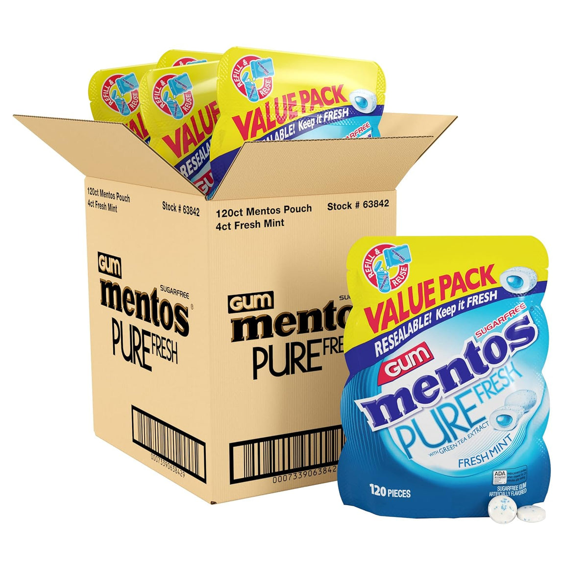 Mentos Pure White Sugar-Free Chewing Gum With Xylitol, Sweet Mint, 120 Piece Bulk Resealable Bag (Pack of 1)
