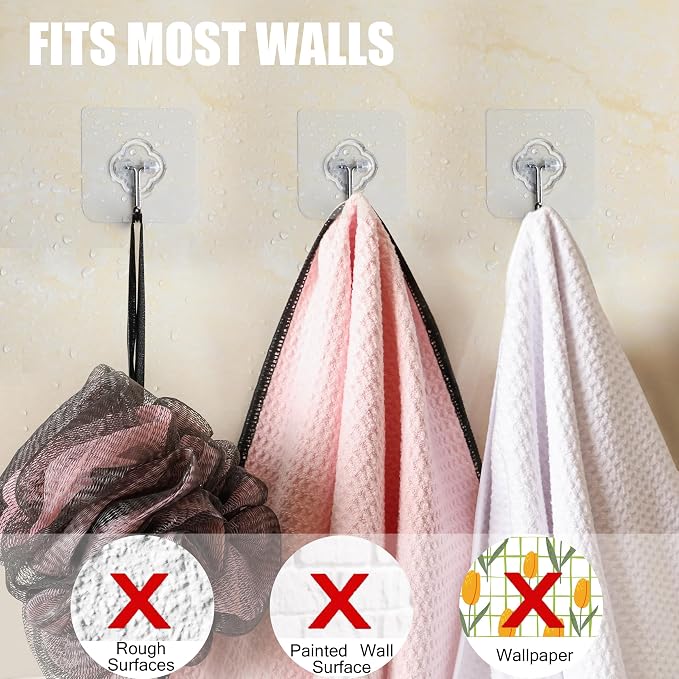 Adhesive Hooks, 32 Pack 33lb Sticky Hooks, Transparent Reusable Removable