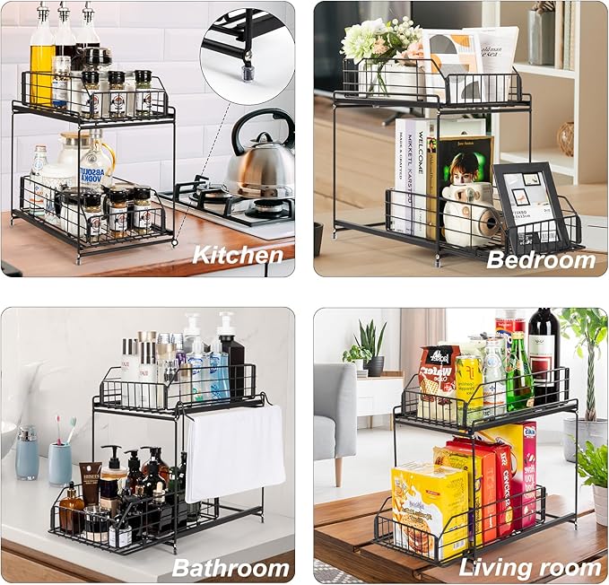 SUEH DESIGN Under Sink Organizer, 2 Tier Bathroom Cabinet Organizer Metal Kitchen Sink Organzier with Hanging Rail for Kitchen Bathroom Organization and Storage, 1 Pack