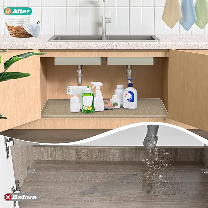 Waterproof Under Sink Mat 28" x 19", Silicone Cabinet Liner, Rubber Protector for Kitchen and Bathroom, Keeps Cabinets Clean, Dry, and Organized (Beige)