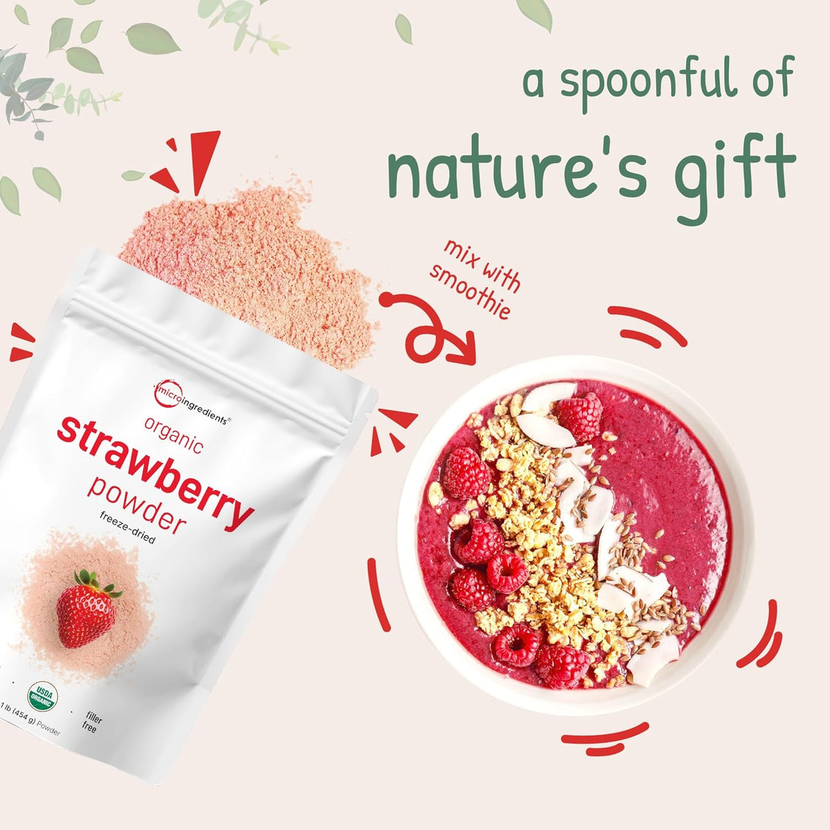 Organic Strawberry Powder, 1 Lb | 100% Natural Fruit Powder | Freeze-Dried Strawberries Source | No Sugar & Additives | Great Flavor for Drinks, Smoothie, & Beverages | Non-GMO & Vegan Friendly