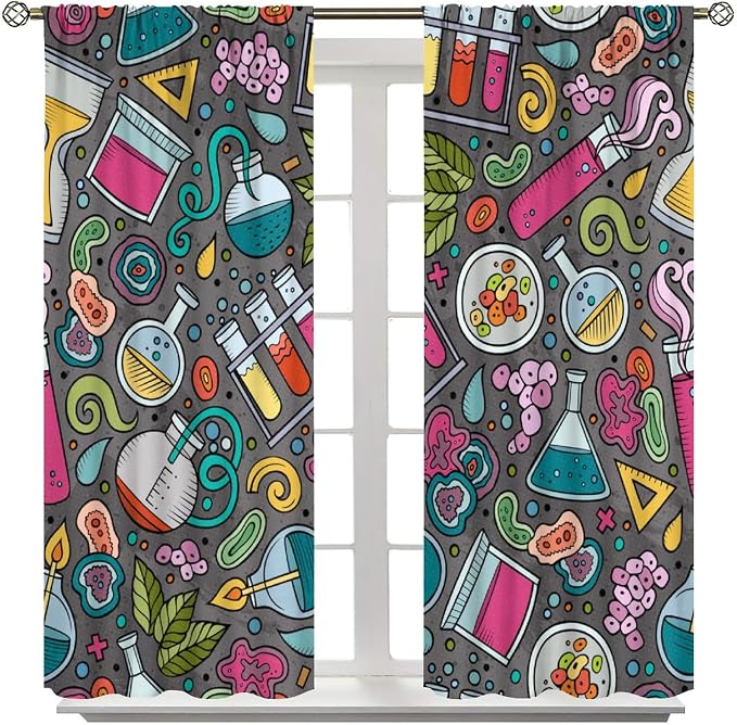 Science Physics Curtains, Abstract Math Chemistry Curtain Scientist Graffiti Print Window Treatments for Kids Teens Bedroom Living Room Set 2 Panels,42x63 Inches