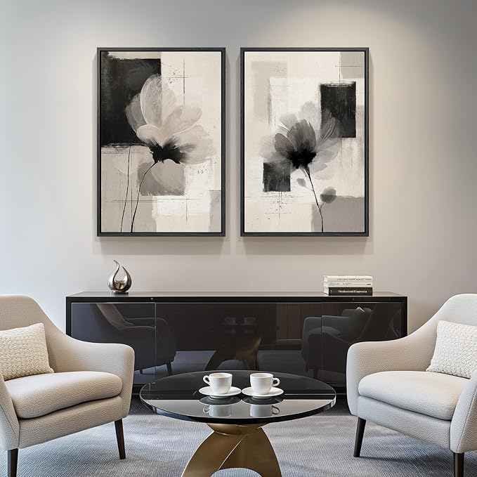 Large Framed Neutral Abstract Floral Wall Art, Minimalist Pictures