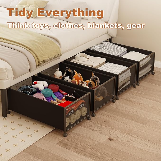 2 Pack Under the Bed Storage Containers,12 inch Height Under Bed Shoe Storage,31inch Long Underbed Storage with Wheels,Large Rolling under bed Clothes Storage Drawers with Lid for Dorm Tall,Black