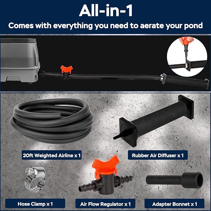AquaMiracle All-in-1 Koi Pond Aeration Kit Pond Air Pump with Self-Sinking Airline Rubber Air Diffuser, Air Flow Control Pond Aerator for Outdoor Pond 2,000-5,000 Gallons