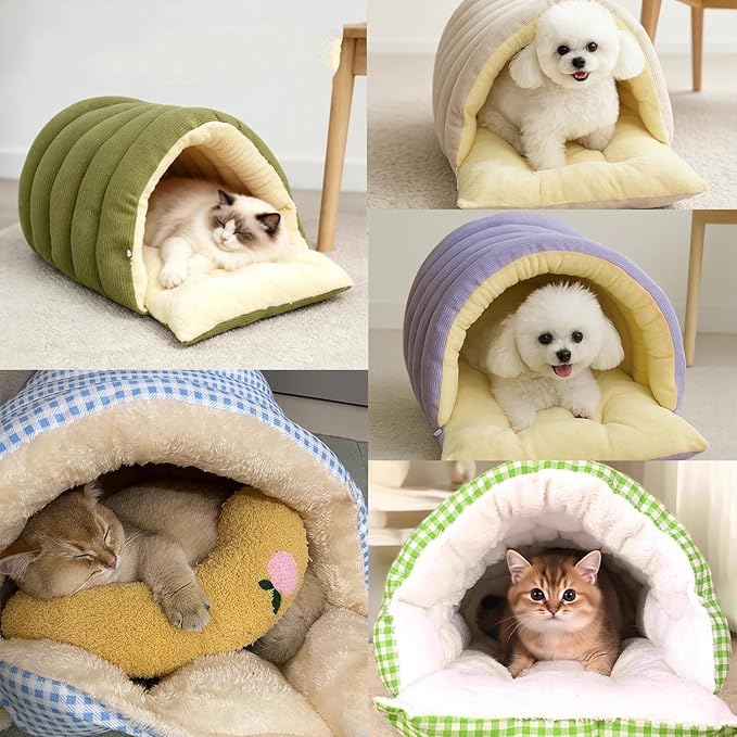 Expectation Cat Bed, Removable and Washable Winter Closed-Off Cat Bed, Soft Fluffy Warm Autumn/Winter Cats House, Washable Non-Slip Pet Sleeping Bag for Indoor Cats Small Dogs (Green,Medium)