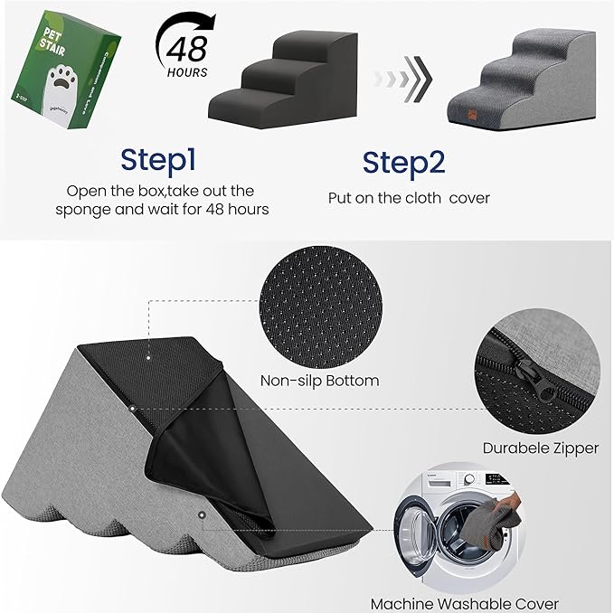GoGoBunny Waterproof High Density Foam Curved Dog Stairs for High Beds Couches 19.7" H, 4-Step Ramp Dog Steps Friendly to Small Medium Dogs or Pets Joints, Non-Slip Balanced Durable Pet Step, Grey
