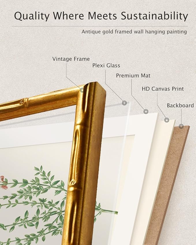 InSimSea Gold Bamboo Framed Canvas Wall Art, Minimalist Floral Botanical